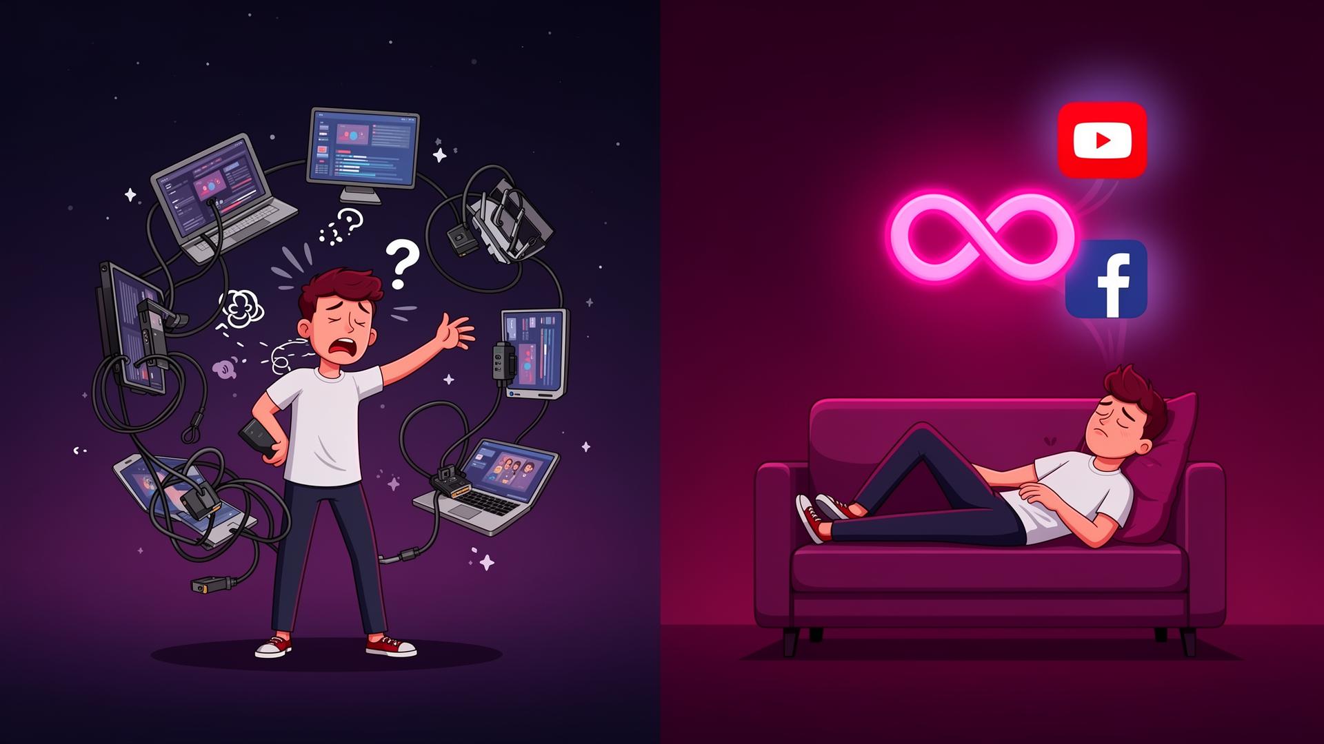 Before: stressful manual streaming. After: relaxed automated 24/7 loop.